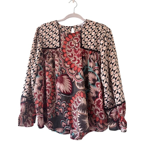 Fate Womens Boho Mix Media Balloon Sleeve Silky Blouse Size L - Picture 3 of 13